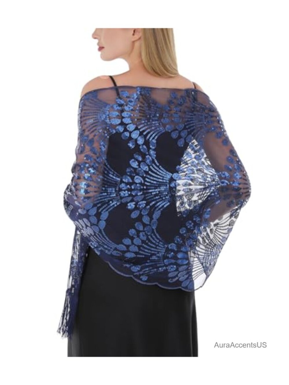 Embroidered Lace Chiffon Sequin Fringe Shawl Wrap for Formal Evening Events